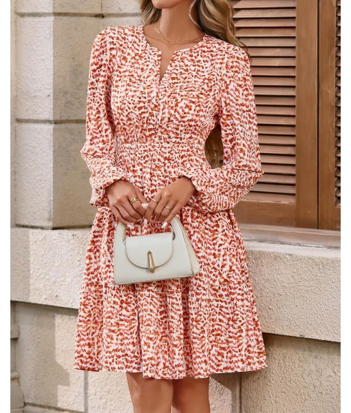 BTFBM Fall Dresses for Women 2025 V Neck Long Sleeve Elastic Waist Boho Beach Vacation Clothes Floral Mini Summer Dress