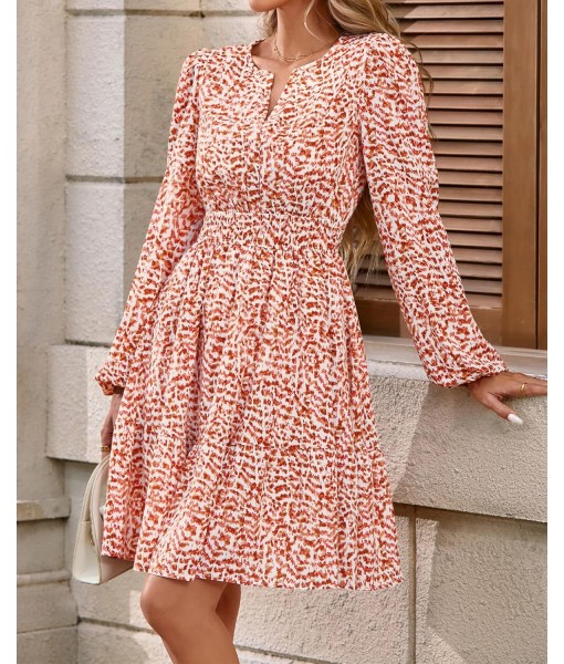 BTFBM Fall Dresses for Women 2025 V Neck Long Sleeve Elastic Waist Boho Beach Vacation Clothes Floral Mini Summer Dress
