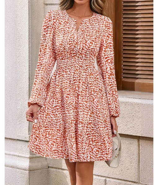BTFBM Fall Dresses for Women 2025 V Neck Long Sleeve Elastic Waist Boho Beach Vacation Clothes Floral Mini Summer Dress