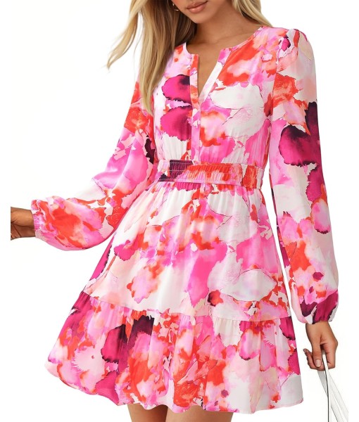 BTFBM Fall Dresses for Women 2025 V Neck Long Sleeve Elastic Waist Boho Beach Vacation Clothes Floral Mini Summer Dress