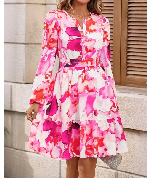 BTFBM Fall Dresses for Women 2025 V Neck Long Sleeve Elastic Waist Boho Beach Vacation Clothes Floral Mini Summer Dress