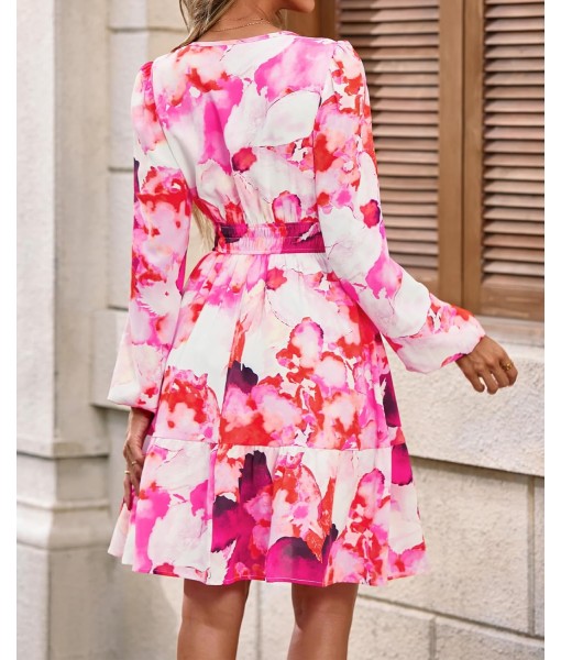BTFBM Fall Dresses for Women 2025 V Neck Long Sleeve Elastic Waist Boho Beach Vacation Clothes Floral Mini Summer Dress