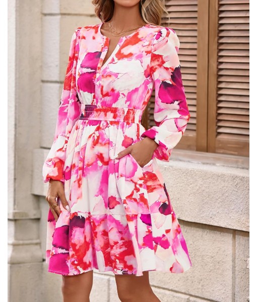 BTFBM Fall Dresses for Women 2025 V Neck Long Sleeve Elastic Waist Boho Beach Vacation Clothes Floral Mini Summer Dress