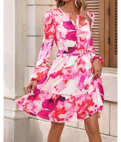 BTFBM Fall Dresses for Women 2025 V Neck Long Sleeve Elastic Waist Boho Beach Vacation Clothes Floral Mini Summer Dress