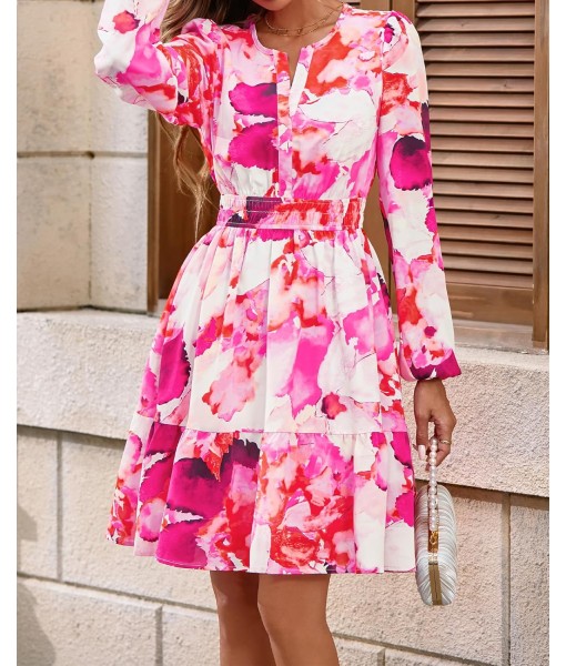BTFBM Fall Dresses for Women 2025 V Neck Long Sleeve Elastic Waist Boho Beach Vacation Clothes Floral Mini Summer Dress