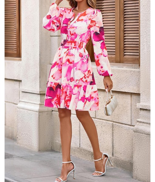 BTFBM Fall Dresses for Women 2025 V Neck Long Sleeve Elastic Waist Boho Beach Vacation Clothes Floral Mini Summer Dress