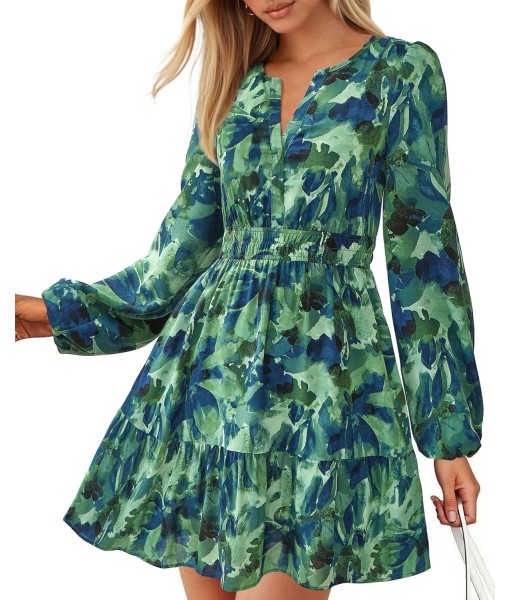 BTFBM Fall Dresses for Women 2025 V Neck Long Sleeve Elastic Waist Boho Beach Vacation Clothes Floral Mini Summer Dress