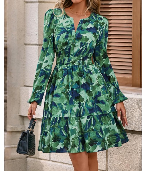 BTFBM Fall Dresses for Women 2025 V Neck Long Sleeve Elastic Waist Boho Beach Vacation Clothes Floral Mini Summer Dress