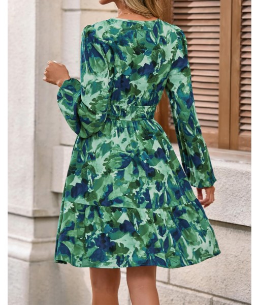 BTFBM Fall Dresses for Women 2025 V Neck Long Sleeve Elastic Waist Boho Beach Vacation Clothes Floral Mini Summer Dress