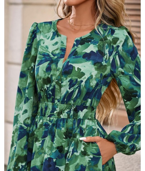 BTFBM Fall Dresses for Women 2025 V Neck Long Sleeve Elastic Waist Boho Beach Vacation Clothes Floral Mini Summer Dress