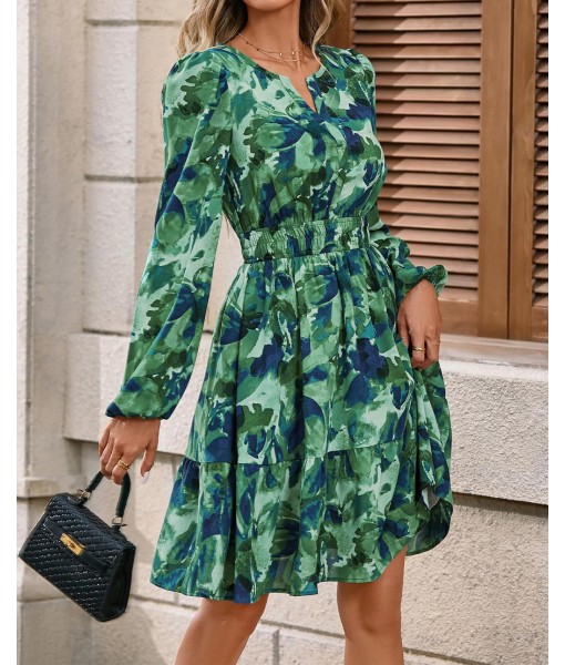 BTFBM Fall Dresses for Women 2025 V Neck Long Sleeve Elastic Waist Boho Beach Vacation Clothes Floral Mini Summer Dress