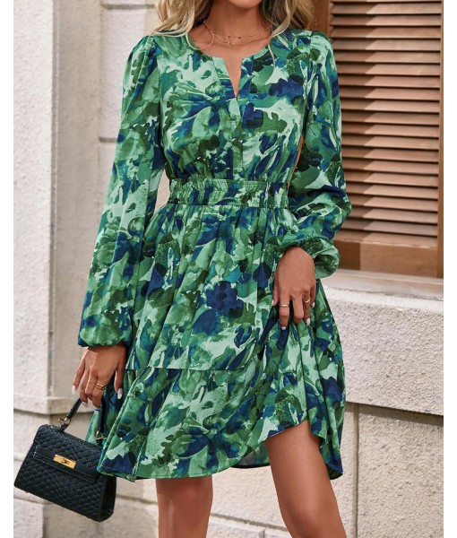 BTFBM Fall Dresses for Women 2025 V Neck Long Sleeve Elastic Waist Boho Beach Vacation Clothes Floral Mini Summer Dress