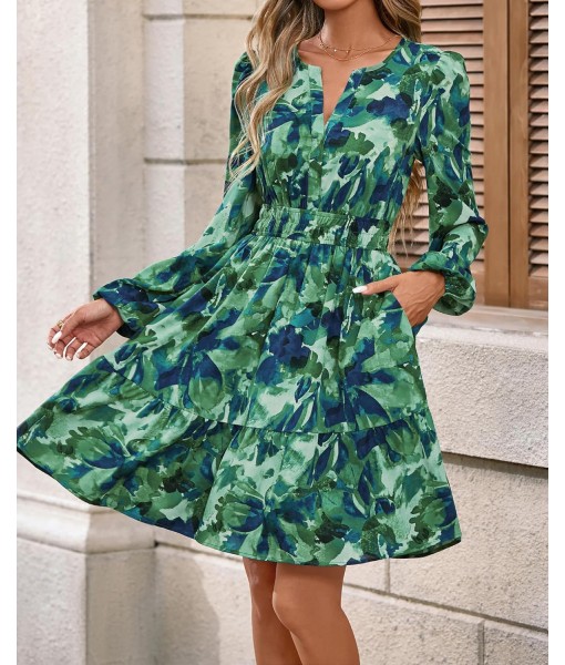 BTFBM Fall Dresses for Women 2025 V Neck Long Sleeve Elastic Waist Boho Beach Vacation Clothes Floral Mini Summer Dress