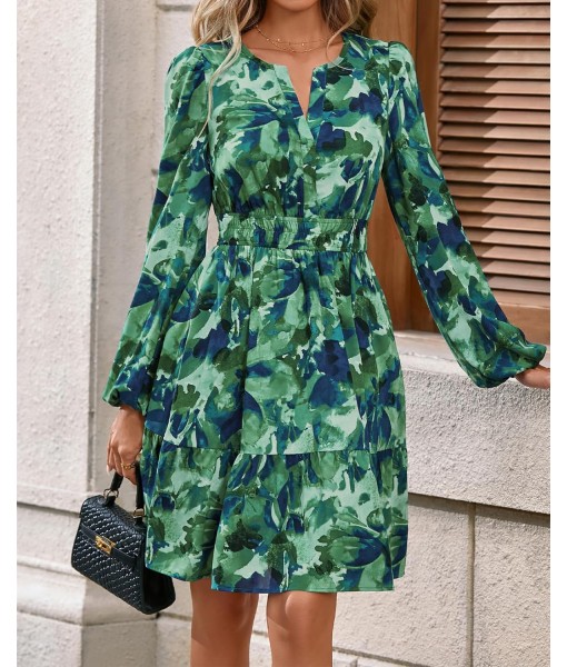 BTFBM Fall Dresses for Women 2025 V Neck Long Sleeve Elastic Waist Boho Beach Vacation Clothes Floral Mini Summer Dress