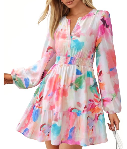 BTFBM Fall Dresses for Women 2025 V Neck Long Sleeve Elastic Waist Boho Beach Vacation Clothes Floral Mini Summer Dress