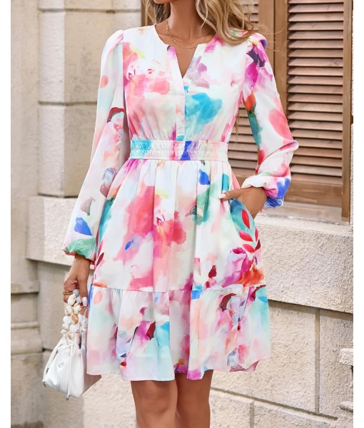 BTFBM Fall Dresses for Women 2025 V Neck Long Sleeve Elastic Waist Boho Beach Vacation Clothes Floral Mini Summer Dress