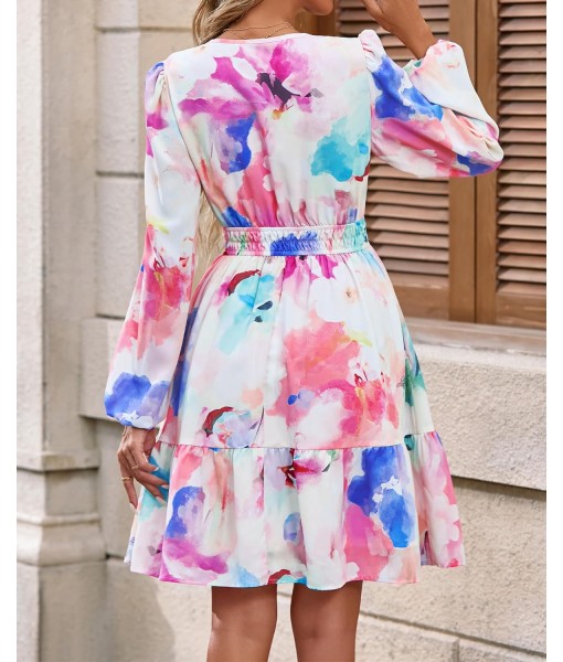 BTFBM Fall Dresses for Women 2025 V Neck Long Sleeve Elastic Waist Boho Beach Vacation Clothes Floral Mini Summer Dress