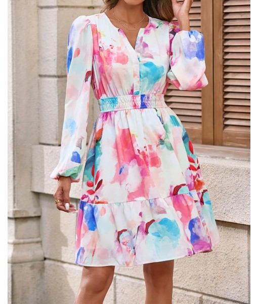 BTFBM Fall Dresses for Women 2025 V Neck Long Sleeve Elastic Waist Boho Beach Vacation Clothes Floral Mini Summer Dress