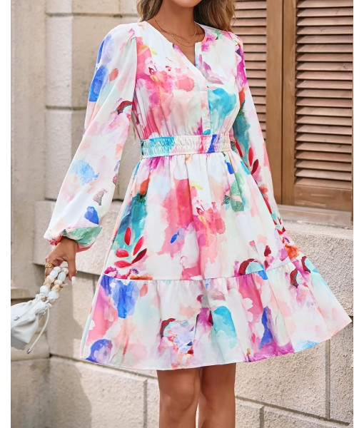 BTFBM Fall Dresses for Women 2025 V Neck Long Sleeve Elastic Waist Boho Beach Vacation Clothes Floral Mini Summer Dress
