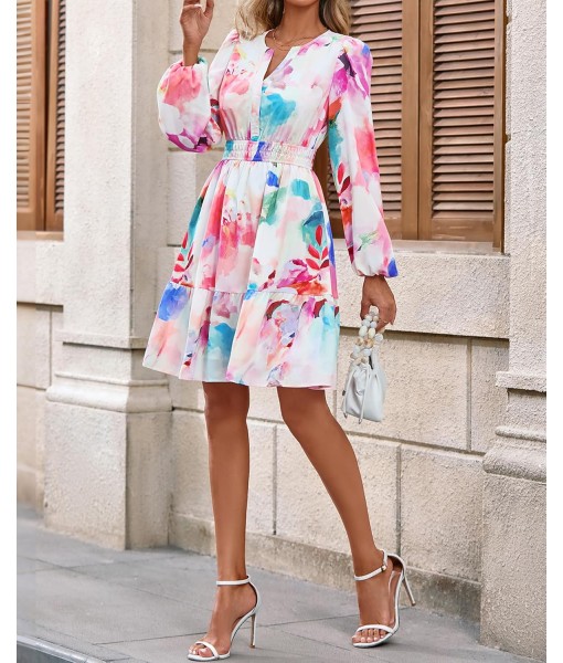BTFBM Fall Dresses for Women 2025 V Neck Long Sleeve Elastic Waist Boho Beach Vacation Clothes Floral Mini Summer Dress