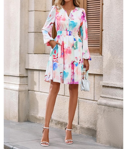BTFBM Fall Dresses for Women 2025 V Neck Long Sleeve Elastic Waist Boho Beach Vacation Clothes Floral Mini Summer Dress