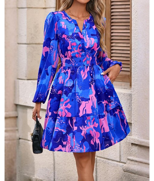 BTFBM Fall Dresses for Women 2025 V Neck Long Sleeve Elastic Waist Boho Beach Vacation Clothes Floral Mini Summer Dress