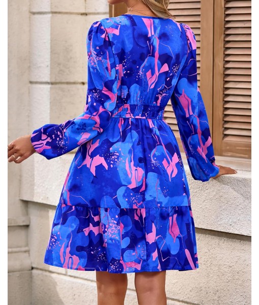 BTFBM Fall Dresses for Women 2025 V Neck Long Sleeve Elastic Waist Boho Beach Vacation Clothes Floral Mini Summer Dress