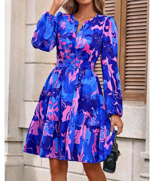 BTFBM Fall Dresses for Women 2025 V Neck Long Sleeve Elastic Waist Boho Beach Vacation Clothes Floral Mini Summer Dress
