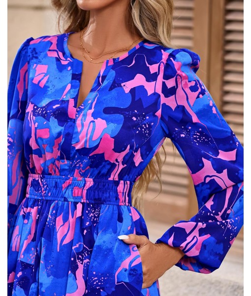 BTFBM Fall Dresses for Women 2025 V Neck Long Sleeve Elastic Waist Boho Beach Vacation Clothes Floral Mini Summer Dress