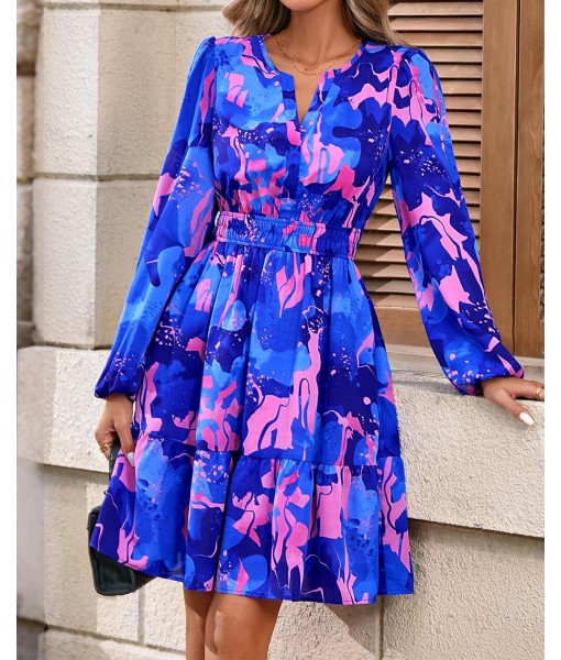 BTFBM Fall Dresses for Women 2025 V Neck Long Sleeve Elastic Waist Boho Beach Vacation Clothes Floral Mini Summer Dress