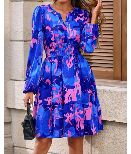BTFBM Fall Dresses for Women 2025 V Neck Long Sleeve Elastic Waist Boho Beach Vacation Clothes Floral Mini Summer Dress
