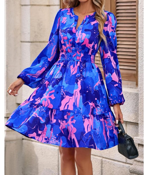 BTFBM Fall Dresses for Women 2025 V Neck Long Sleeve Elastic Waist Boho Beach Vacation Clothes Floral Mini Summer Dress