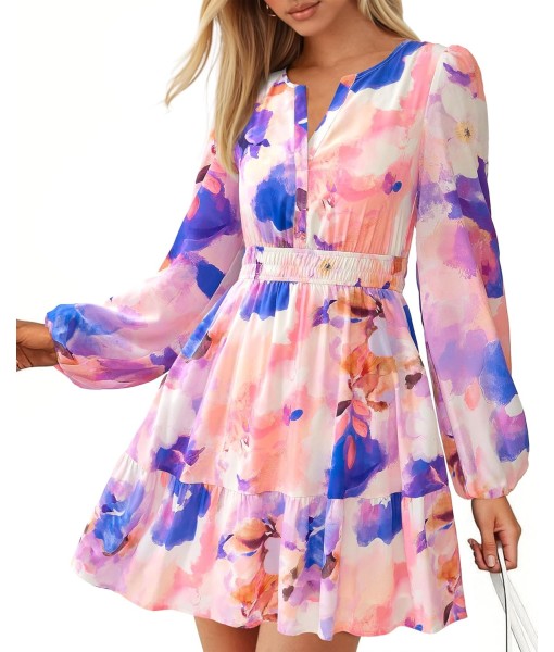 BTFBM Fall Dresses for Women 2025 V Neck Long Sleeve Elastic Waist Boho Beach Vacation Clothes Floral Mini Summer Dress