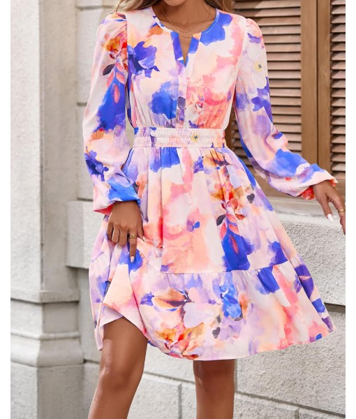 BTFBM Fall Dresses for Women 2025 V Neck Long Sleeve Elastic Waist Boho Beach Vacation Clothes Floral Mini Summer Dress
