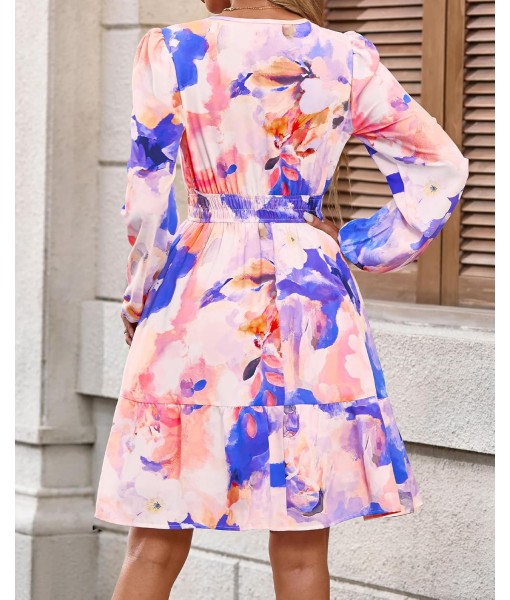 BTFBM Fall Dresses for Women 2025 V Neck Long Sleeve Elastic Waist Boho Beach Vacation Clothes Floral Mini Summer Dress