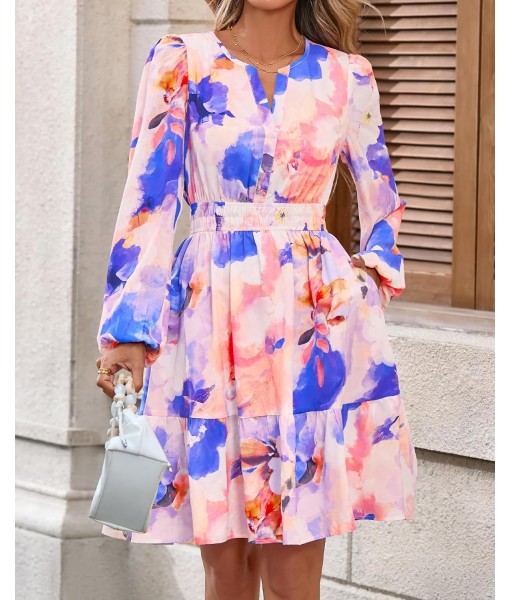 BTFBM Fall Dresses for Women 2025 V Neck Long Sleeve Elastic Waist Boho Beach Vacation Clothes Floral Mini Summer Dress