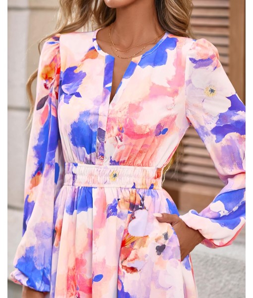 BTFBM Fall Dresses for Women 2025 V Neck Long Sleeve Elastic Waist Boho Beach Vacation Clothes Floral Mini Summer Dress