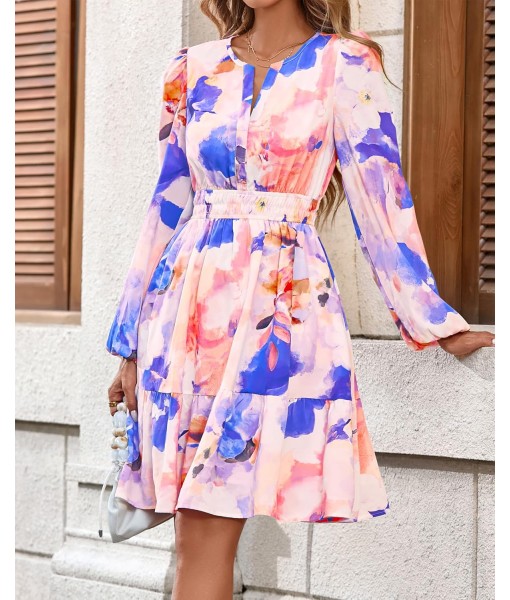 BTFBM Fall Dresses for Women 2025 V Neck Long Sleeve Elastic Waist Boho Beach Vacation Clothes Floral Mini Summer Dress