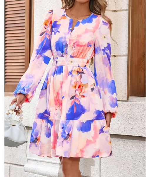 BTFBM Fall Dresses for Women 2025 V Neck Long Sleeve Elastic Waist Boho Beach Vacation Clothes Floral Mini Summer Dress