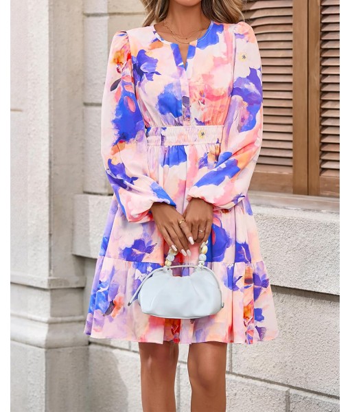 BTFBM Fall Dresses for Women 2025 V Neck Long Sleeve Elastic Waist Boho Beach Vacation Clothes Floral Mini Summer Dress