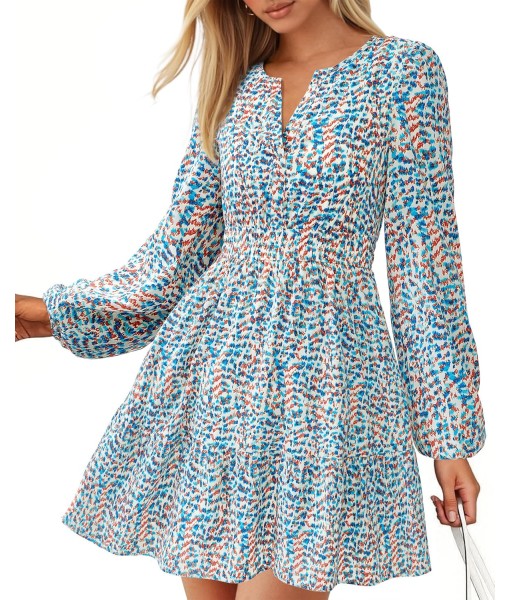 BTFBM Fall Dresses for Women 2025 V Neck Long Sleeve Elastic Waist Boho Beach Vacation Clothes Floral Mini Summer Dress