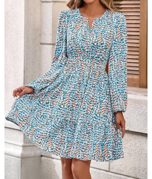BTFBM Fall Dresses for Women 2025 V Neck Long Sleeve Elastic Waist Boho Beach Vacation Clothes Floral Mini Summer Dress