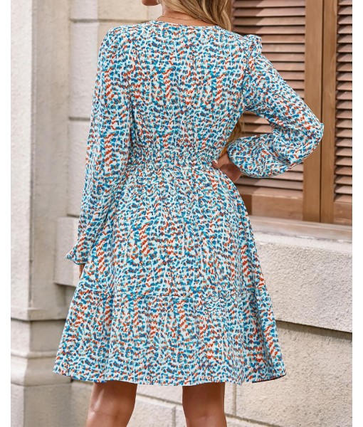 BTFBM Fall Dresses for Women 2025 V Neck Long Sleeve Elastic Waist Boho Beach Vacation Clothes Floral Mini Summer Dress