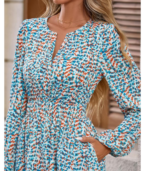 BTFBM Fall Dresses for Women 2025 V Neck Long Sleeve Elastic Waist Boho Beach Vacation Clothes Floral Mini Summer Dress