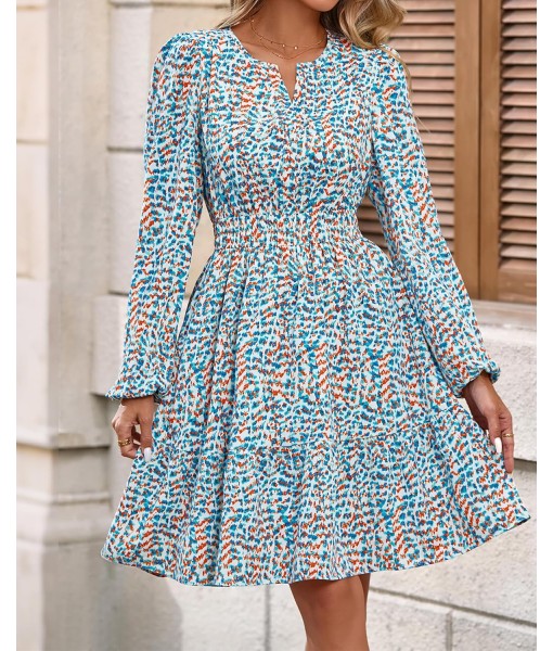 BTFBM Fall Dresses for Women 2025 V Neck Long Sleeve Elastic Waist Boho Beach Vacation Clothes Floral Mini Summer Dress