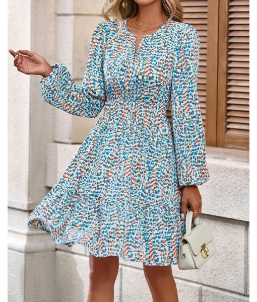 BTFBM Fall Dresses for Women 2025 V Neck Long Sleeve Elastic Waist Boho Beach Vacation Clothes Floral Mini Summer Dress