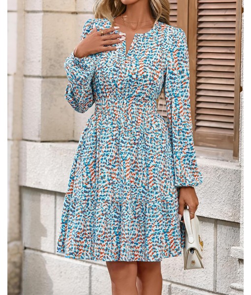 BTFBM Fall Dresses for Women 2025 V Neck Long Sleeve Elastic Waist Boho Beach Vacation Clothes Floral Mini Summer Dress