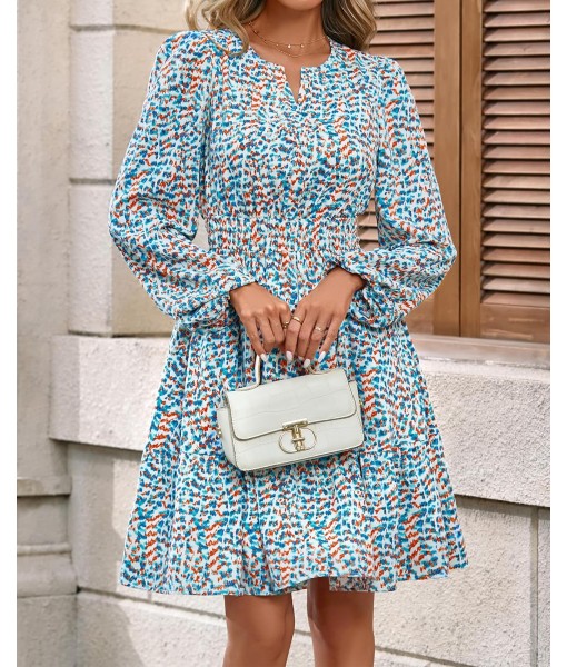 BTFBM Fall Dresses for Women 2025 V Neck Long Sleeve Elastic Waist Boho Beach Vacation Clothes Floral Mini Summer Dress
