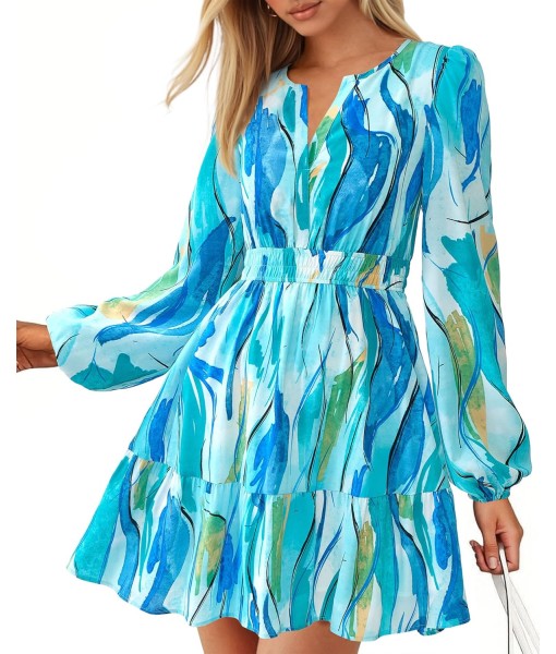 BTFBM Fall Dresses for Women 2025 V Neck Long Sleeve Elastic Waist Boho Beach Vacation Clothes Floral Mini Summer Dress