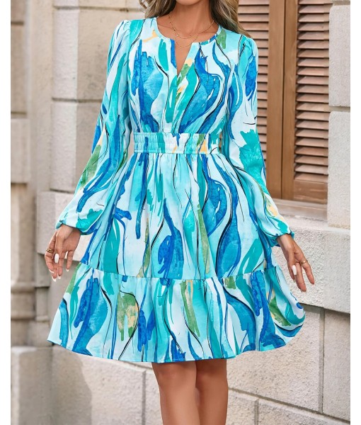 BTFBM Fall Dresses for Women 2025 V Neck Long Sleeve Elastic Waist Boho Beach Vacation Clothes Floral Mini Summer Dress